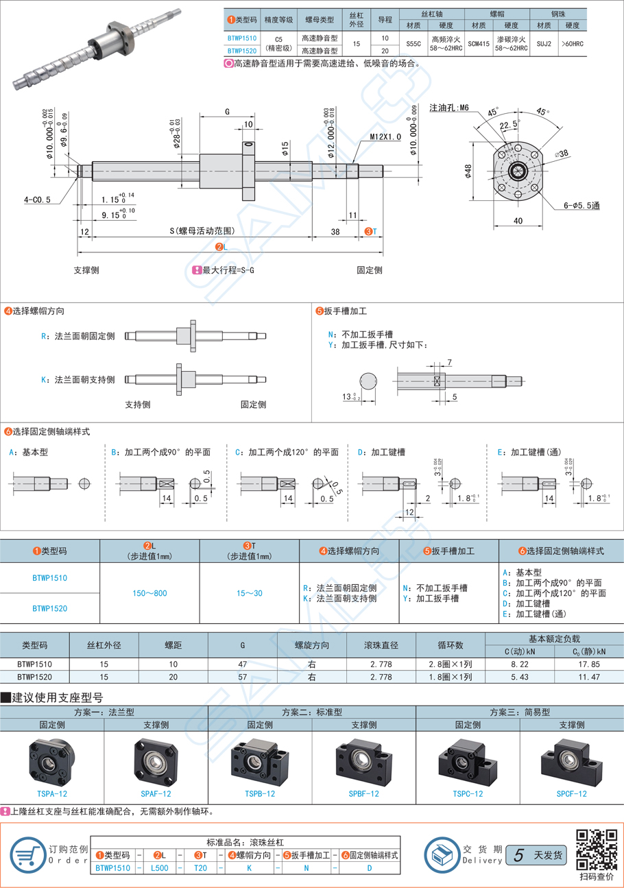 精密級滾珠絲杠-軸徑15導程10·20規格參數